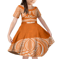 Tonga Tailulu College Family Matching Off Shoulder Long Sleeve Dress and Hawaiian Shirt Traditional Ngatu and Polynesian Pattern LT03 Daughter's Dress Orange - Polynesian Pride