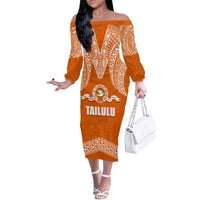 Tonga Tailulu College Family Matching Off Shoulder Long Sleeve Dress and Hawaiian Shirt Traditional Ngatu and Polynesian Pattern LT03 Mom's Dress Orange - Polynesian Pride
