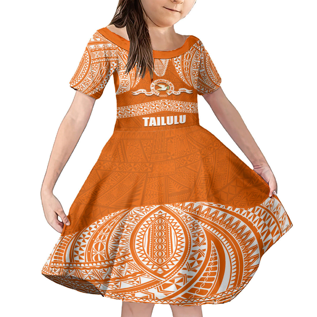 Tonga Tailulu College Family Matching Off Shoulder Short Dress and Hawaiian Shirt Traditional Ngatu and Polynesian Pattern LT03 Daughter's Dress Orange - Polynesian Pride