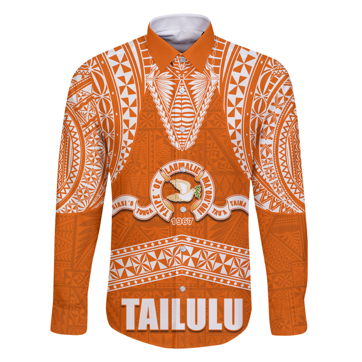 Tonga Tailulu College Family Matching Tank Maxi Dress and Hawaiian Shirt Traditional Ngatu and Polynesian Pattern LT03 Dad's Shirt - Long Sleeve Orange - Polynesian Pride