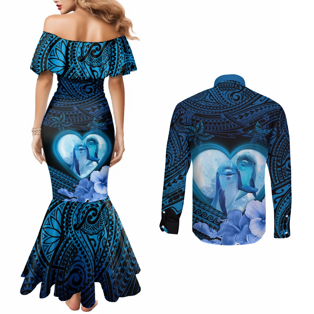 Dolphin Couple Love Story Valentine Day Couples Matching Mermaid Dress and Long Sleeve Button Shirt With Polynesian Tribal Tattoo Blue Style LT03 - Polynesian Pride