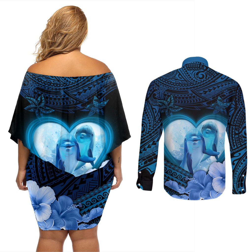 Dolphin Couple Love Story Valentine Day Couples Matching Off Shoulder Short Dress and Long Sleeve Button Shirt With Polynesian Tribal Tattoo Blue Style LT03 - Polynesian Pride