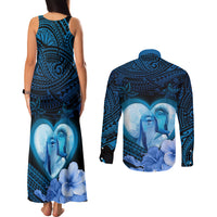 Dolphin Couple Love Story Valentine Day Couples Matching Tank Maxi Dress and Long Sleeve Button Shirt With Polynesian Tribal Tattoo Blue Style LT03 - Polynesian Pride