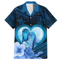 Dolphin Couple Love Story Valentine Day Family Matching Long Sleeve Bodycon Dress and Hawaiian Shirt With Polynesian Tribal Tattoo Blue Style LT03 Dad's Shirt - Short Sleeve Blue - Polynesian Pride