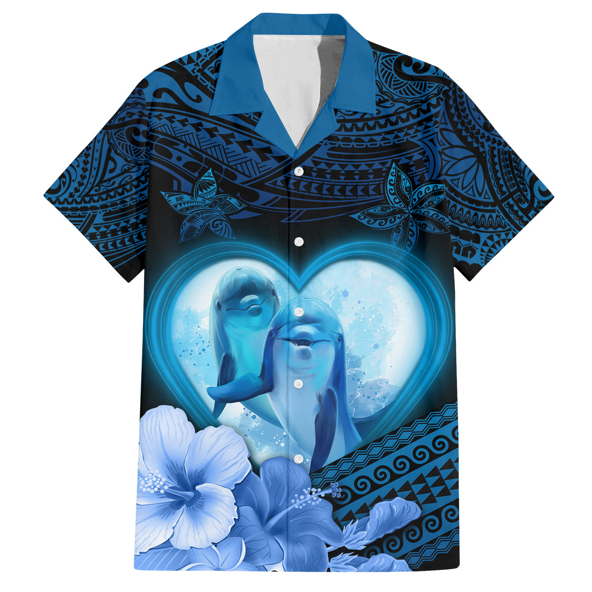 Dolphin Couple Love Story Valentine Day Family Matching Summer Maxi Dress and Hawaiian Shirt With Polynesian Tribal Tattoo Blue Style LT03 Dad's Shirt - Short Sleeve Blue - Polynesian Pride