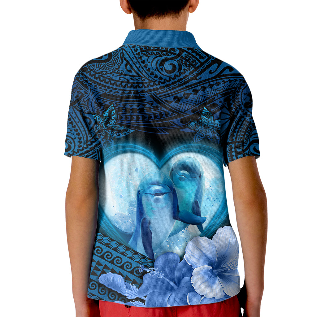 Dolphin Couple Love Story Valentine Day Kid Polo Shirt With Polynesian Tribal Tattoo Blue Style LT03 - Polynesian Pride
