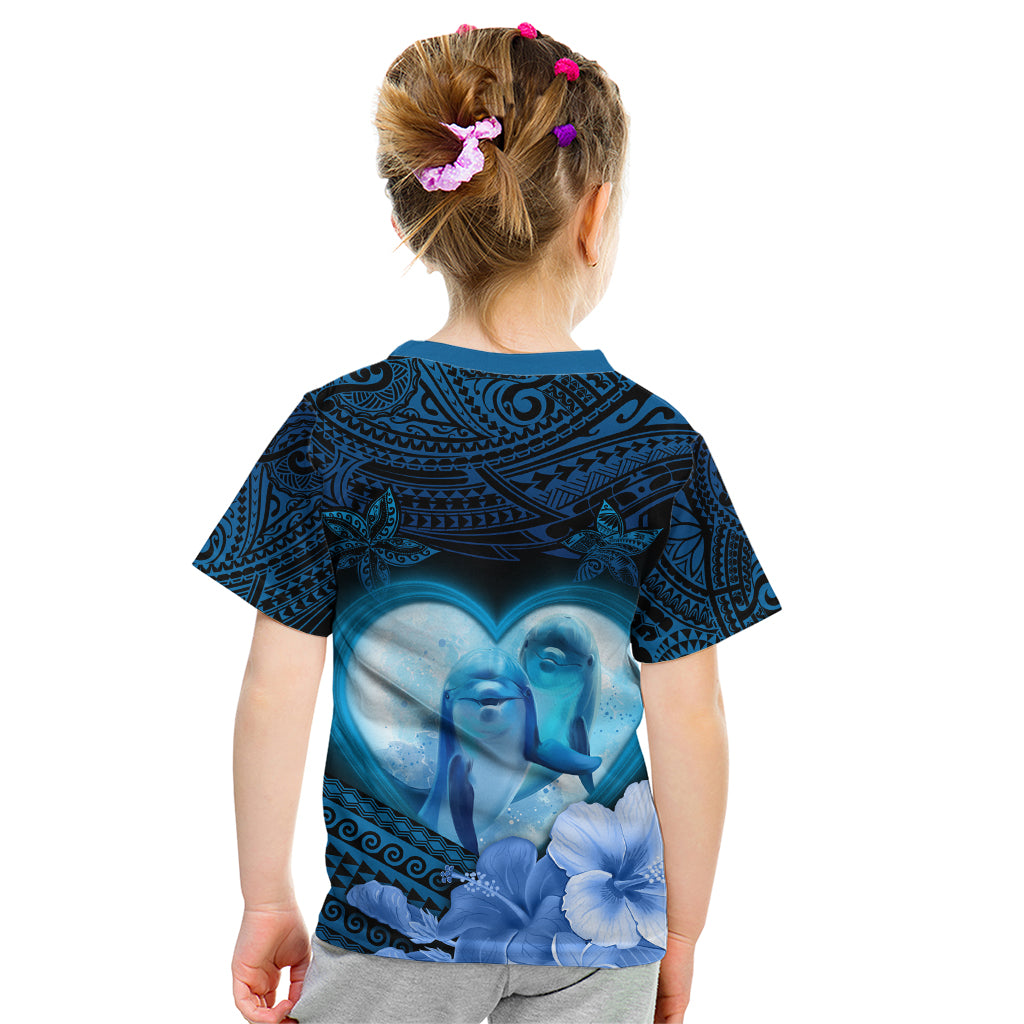 Dolphin Couple Love Story Valentine Day Kid T Shirt With Polynesian Tribal Tattoo Blue Style LT03 - Polynesian Pride
