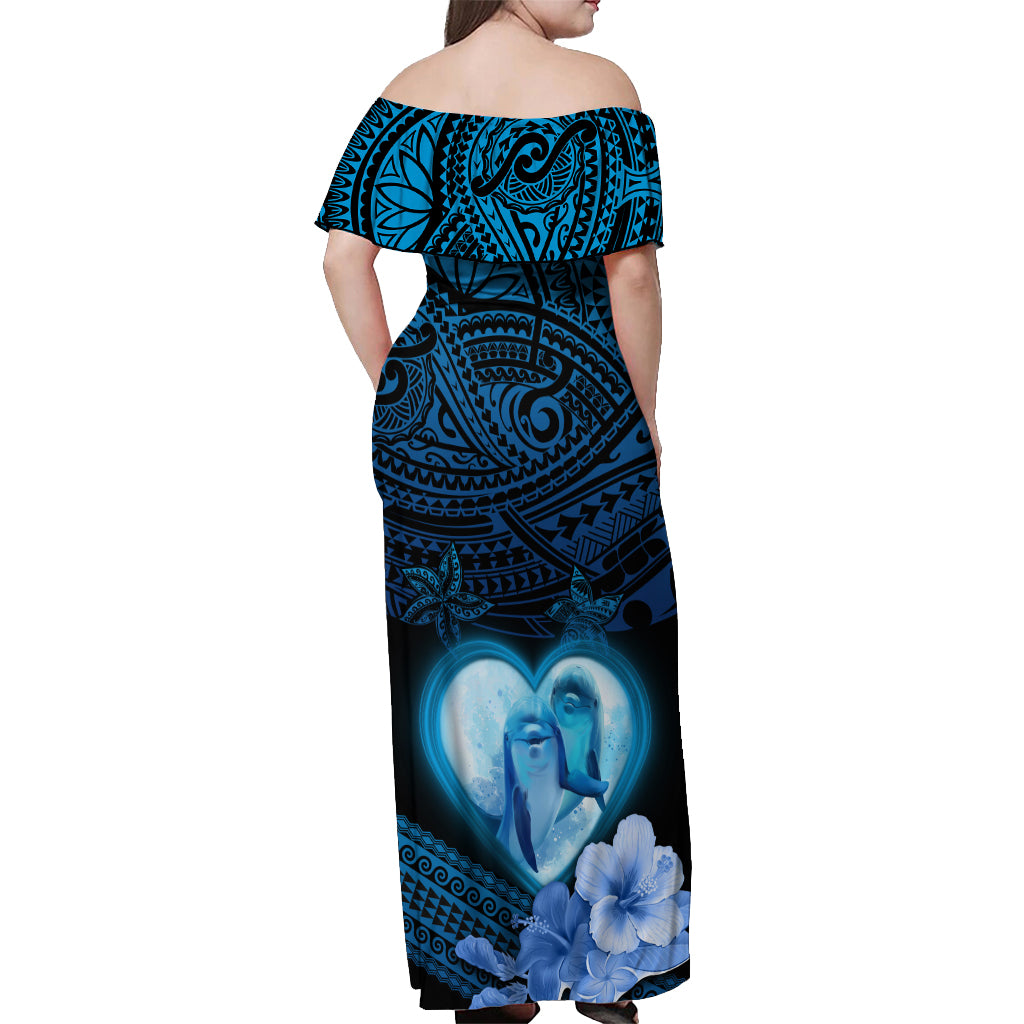 Dolphin Couple Love Story Valentine Day Off Shoulder Maxi Dress With Polynesian Tribal Tattoo Blue Style LT03 - Polynesian Pride
