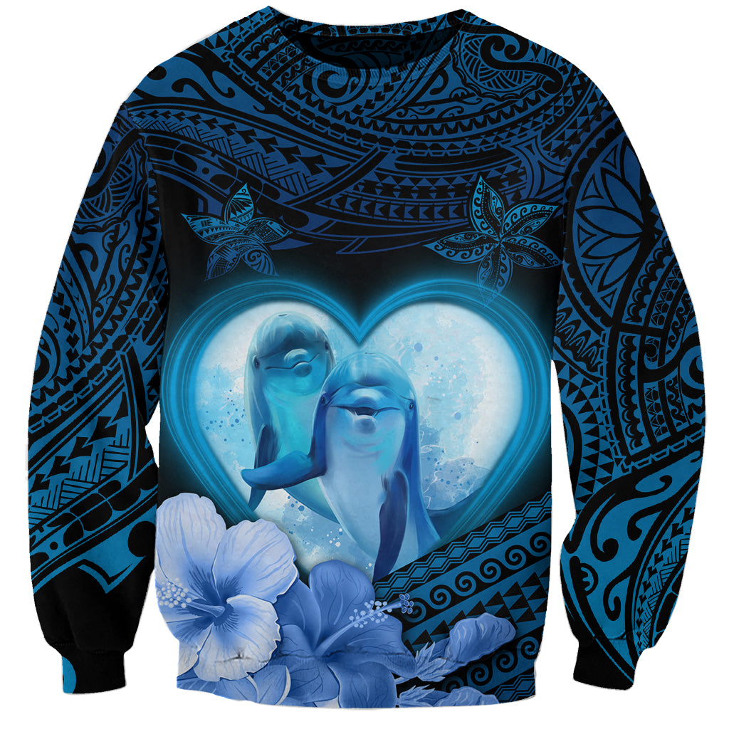 Dolphin Couple Love Story Valentine Day Sweatshirt With Polynesian Tribal Tattoo Blue Style LT03 Unisex Blue - Polynesian Pride
