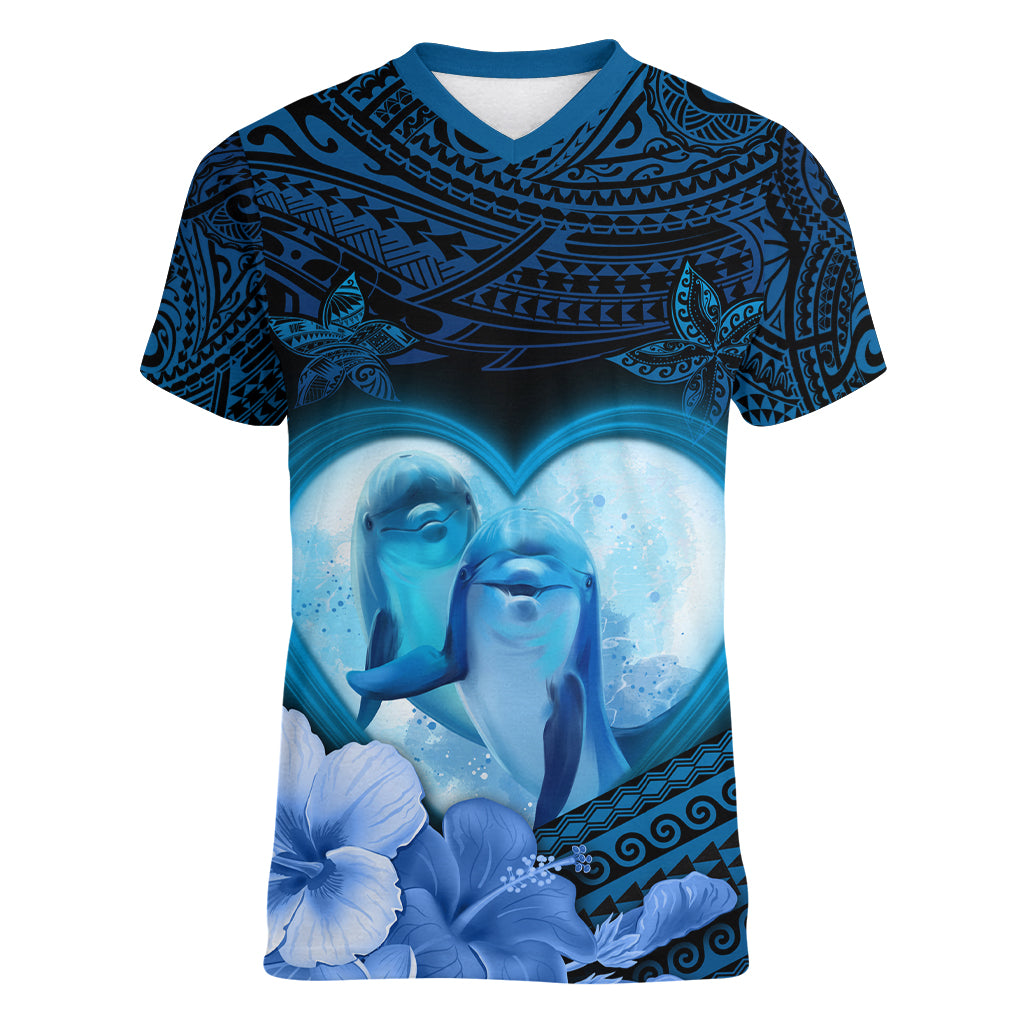 Dolphin Couple Love Story Valentine Day Women V Neck T Shirt With Polynesian Tribal Tattoo Blue Style LT03 Female Blue - Polynesian Pride