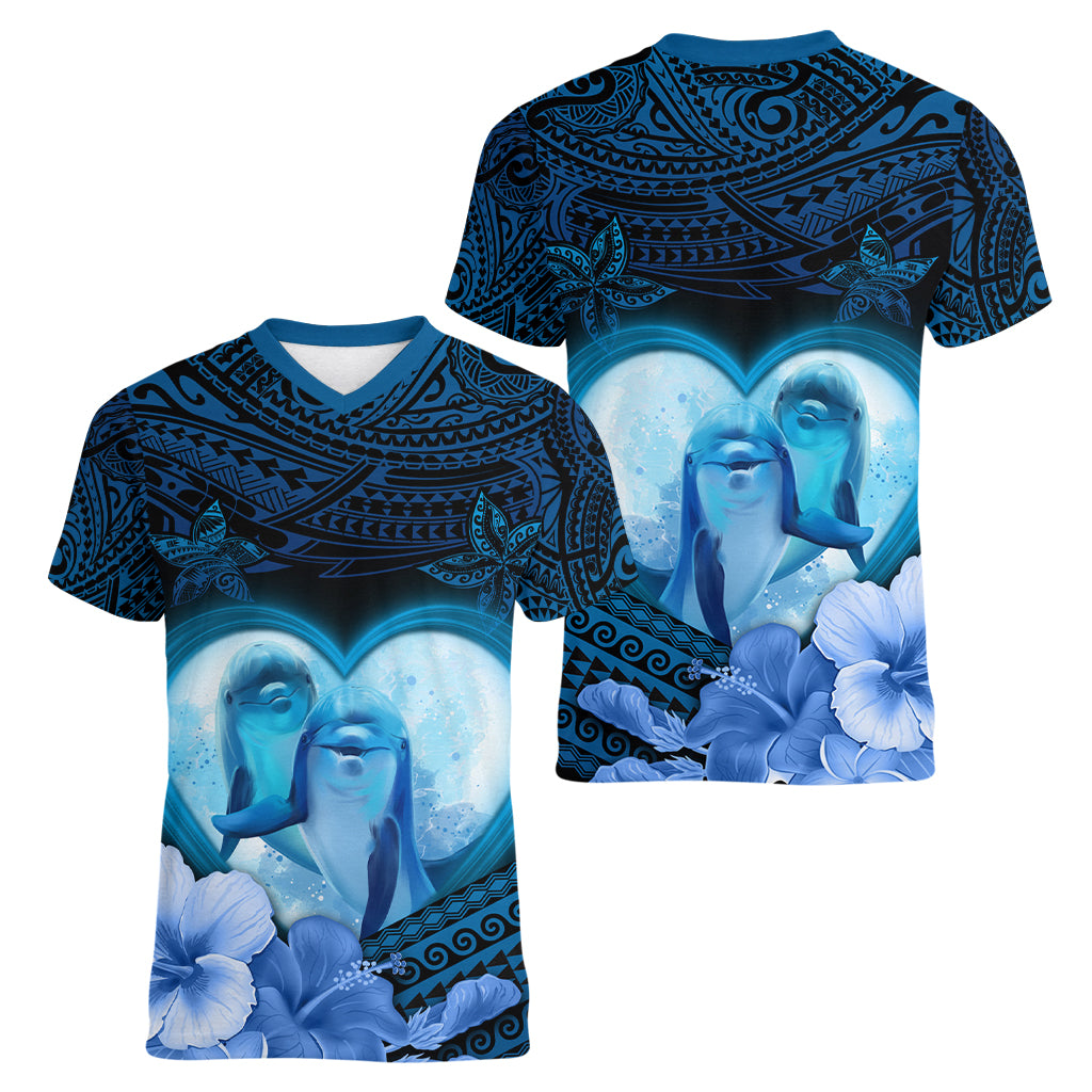 Dolphin Couple Love Story Valentine Day Women V Neck T Shirt With Polynesian Tribal Tattoo Blue Style LT03 - Polynesian Pride