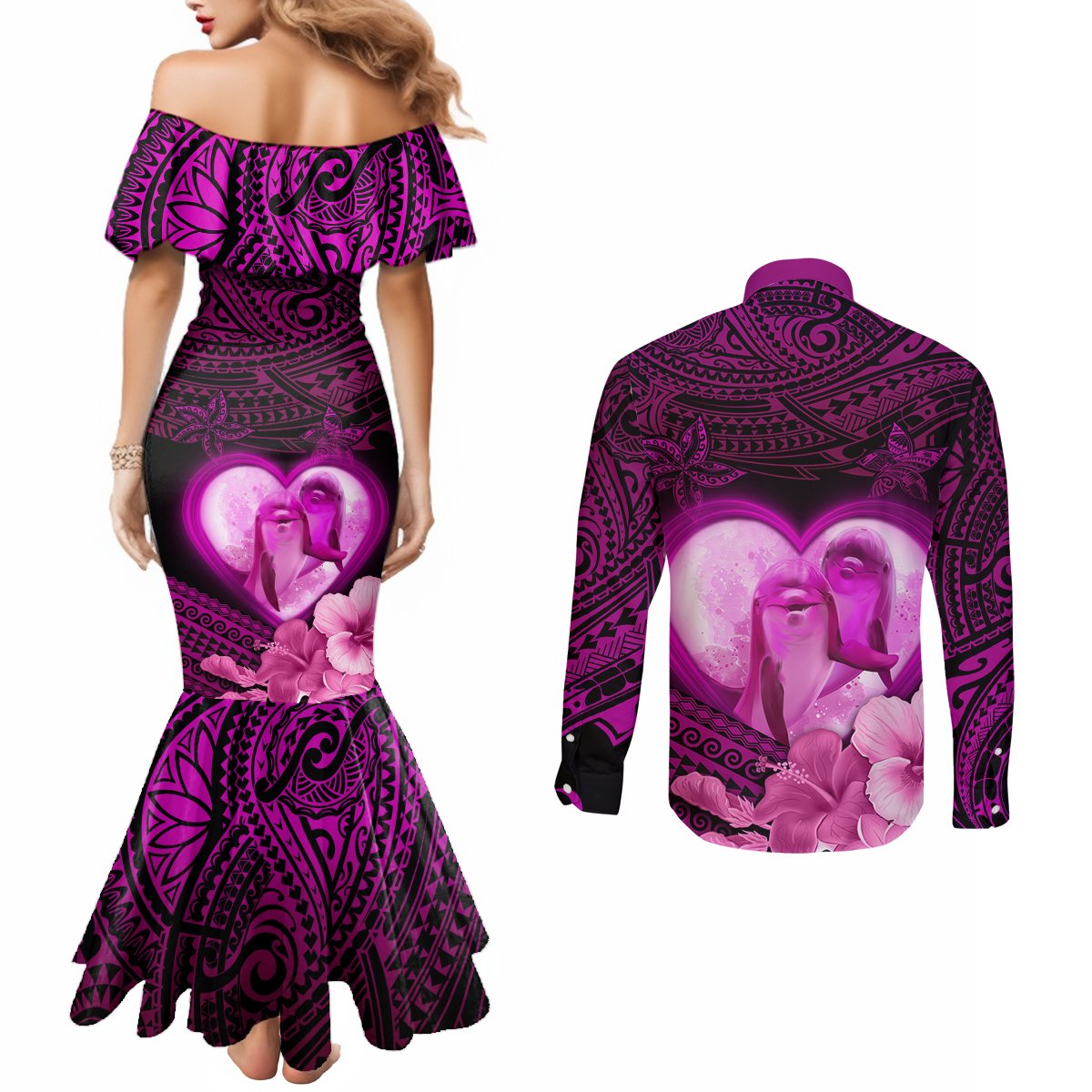 Dolphin Couple Love Story Valentine Day Couples Matching Mermaid Dress and Long Sleeve Button Shirt With Polynesian Tribal Tattoo Pink Style LT03 - Polynesian Pride