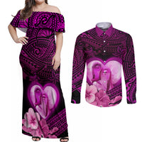 Dolphin Couple Love Story Valentine Day Couples Matching Off Shoulder Maxi Dress and Long Sleeve Button Shirt With Polynesian Tribal Tattoo Pink Style LT03 Pink - Polynesian Pride