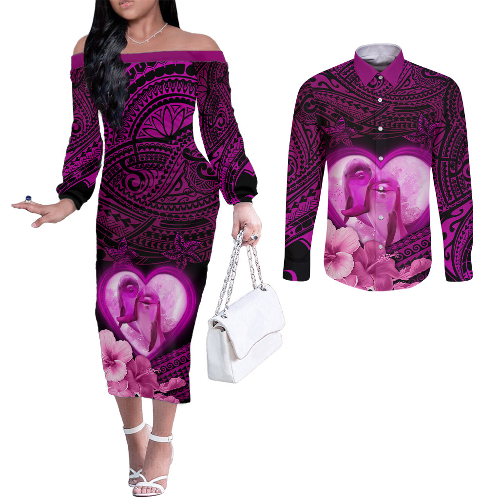 Dolphin Couple Love Story Valentine Day Couples Matching Off The Shoulder Long Sleeve Dress and Long Sleeve Button Shirt With Polynesian Tribal Tattoo Pink Style LT03 Pink - Polynesian Pride