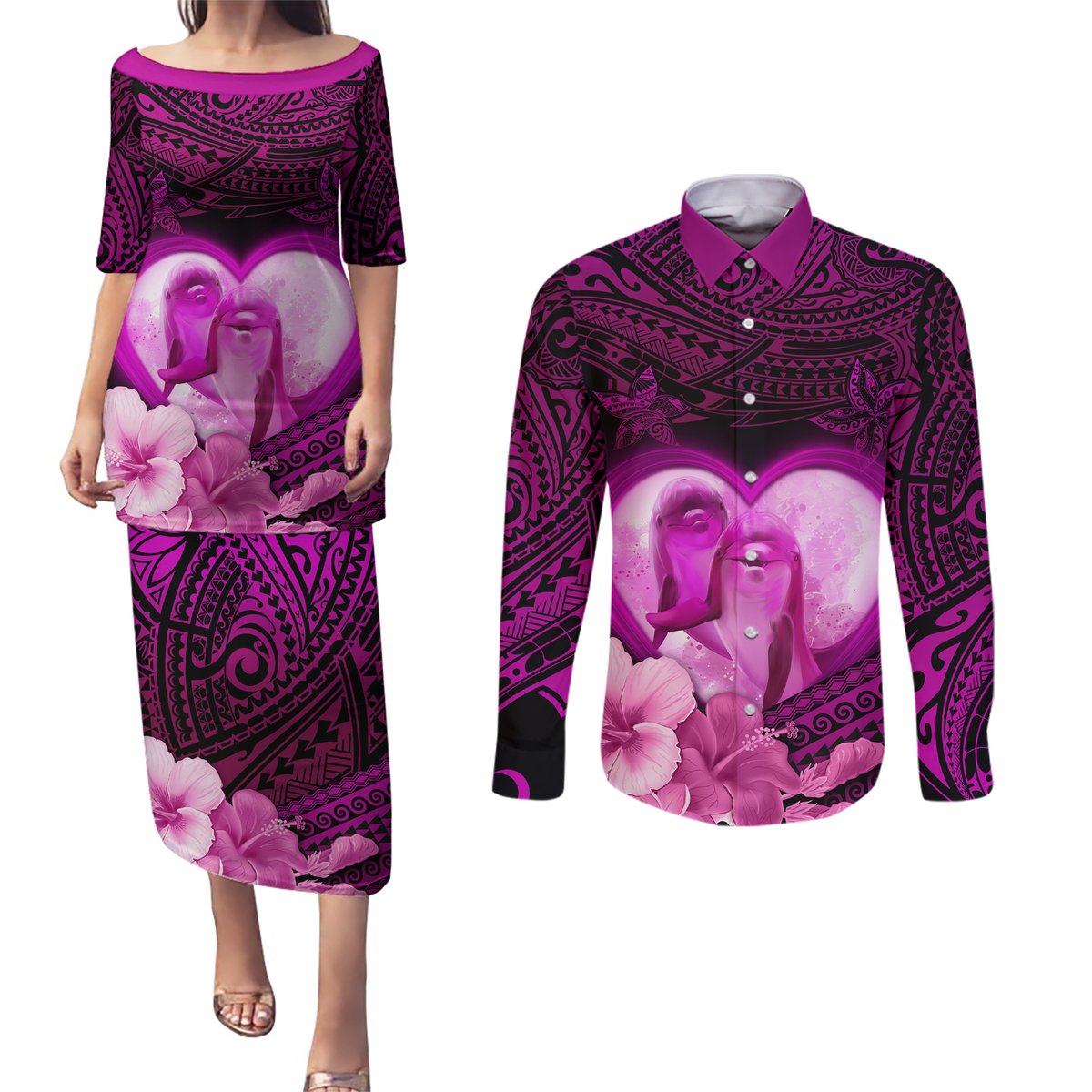 Dolphin Couple Love Story Valentine Day Couples Matching Puletasi and Long Sleeve Button Shirt With Polynesian Tribal Tattoo Pink Style LT03 Pink - Polynesian Pride