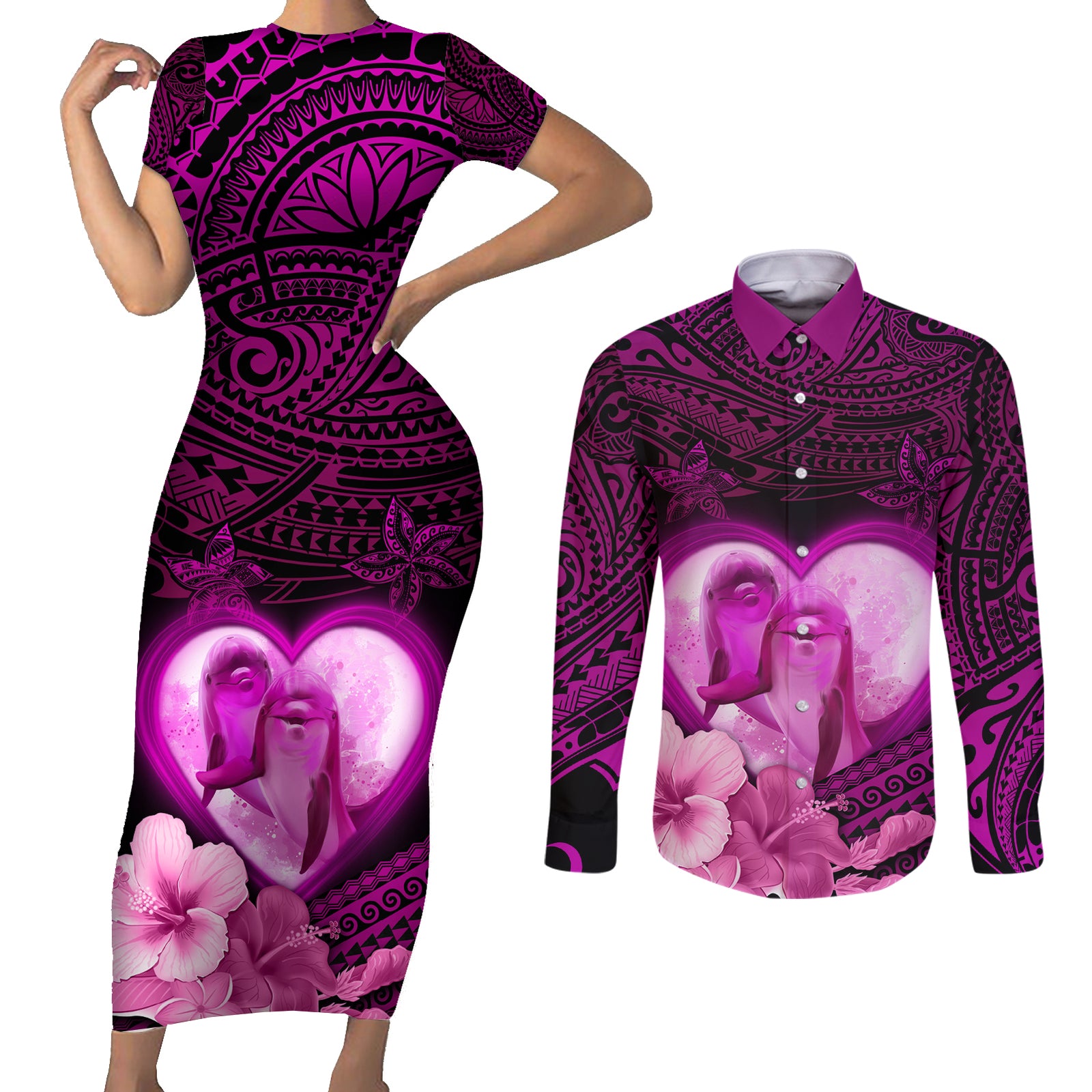 Dolphin Couple Love Story Valentine Day Couples Matching Short Sleeve Bodycon Dress and Long Sleeve Button Shirt With Polynesian Tribal Tattoo Pink Style LT03 Pink - Polynesian Pride