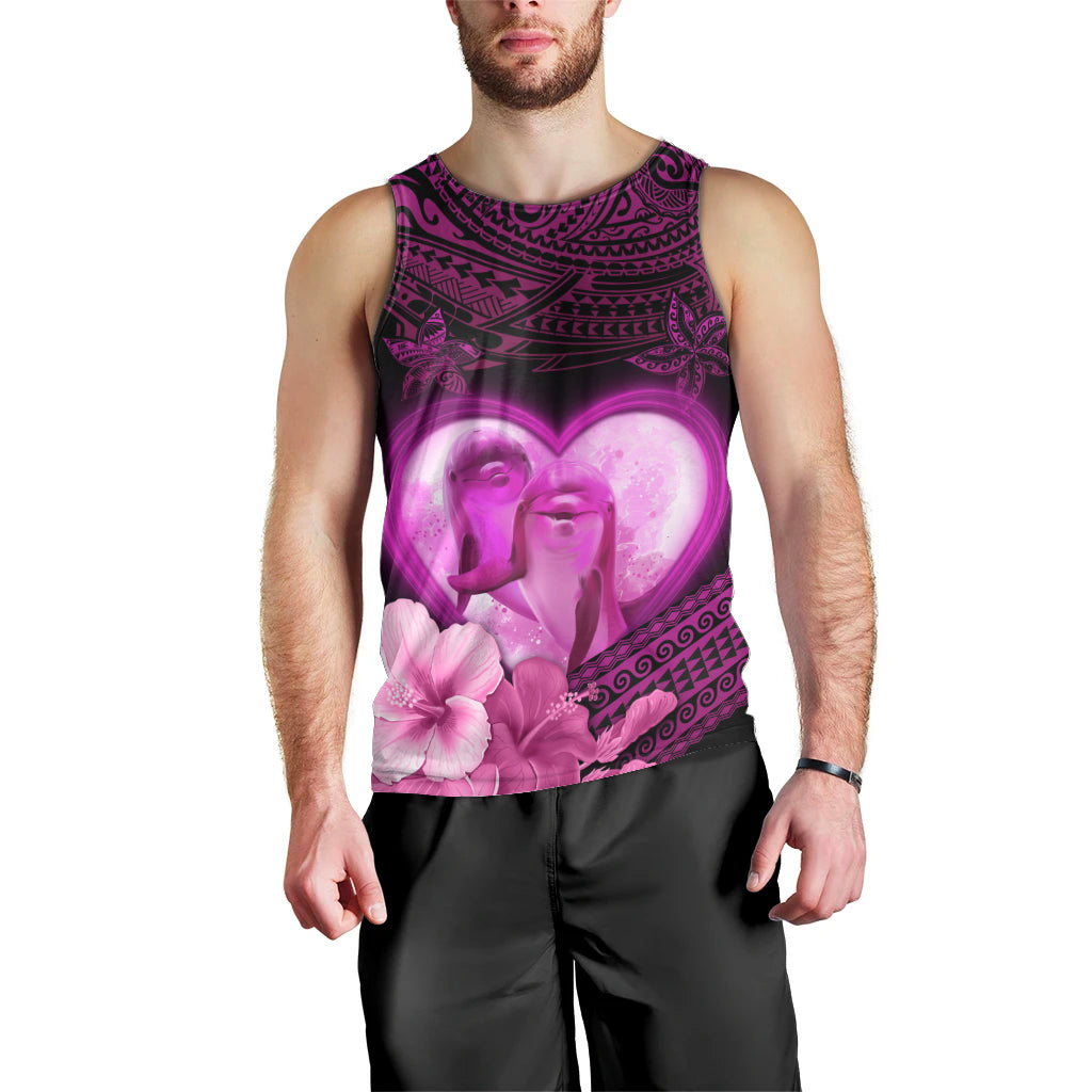 Dolphin Couple Love Story Valentine Day Men Tank Top With Polynesian Tribal Tattoo Pink Style LT03 - Polynesian Pride