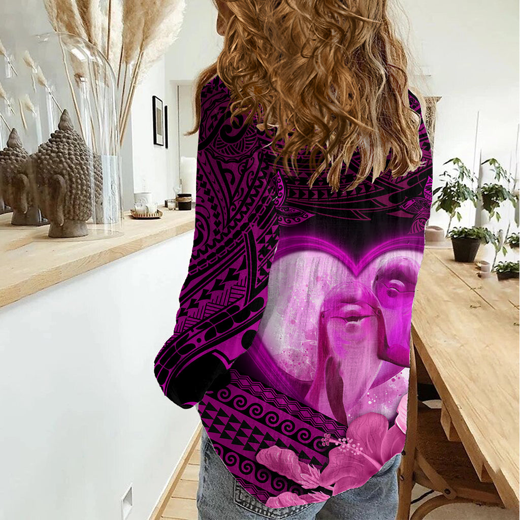 Dolphin Couple Love Story Valentine Day Women Casual Shirt With Polynesian Tribal Tattoo Pink Style LT03 - Polynesian Pride