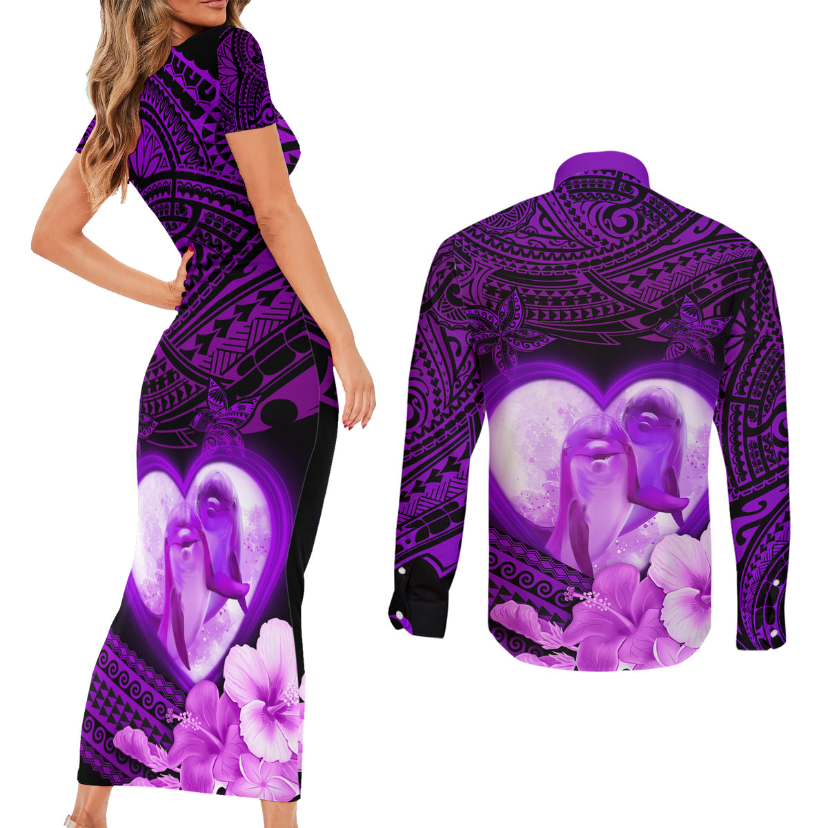Dolphin Couple Love Story Valentine Day Couples Matching Short Sleeve Bodycon Dress and Long Sleeve Button Shirt With Polynesian Tribal Tattoo Purple Style LT03 - Polynesian Pride