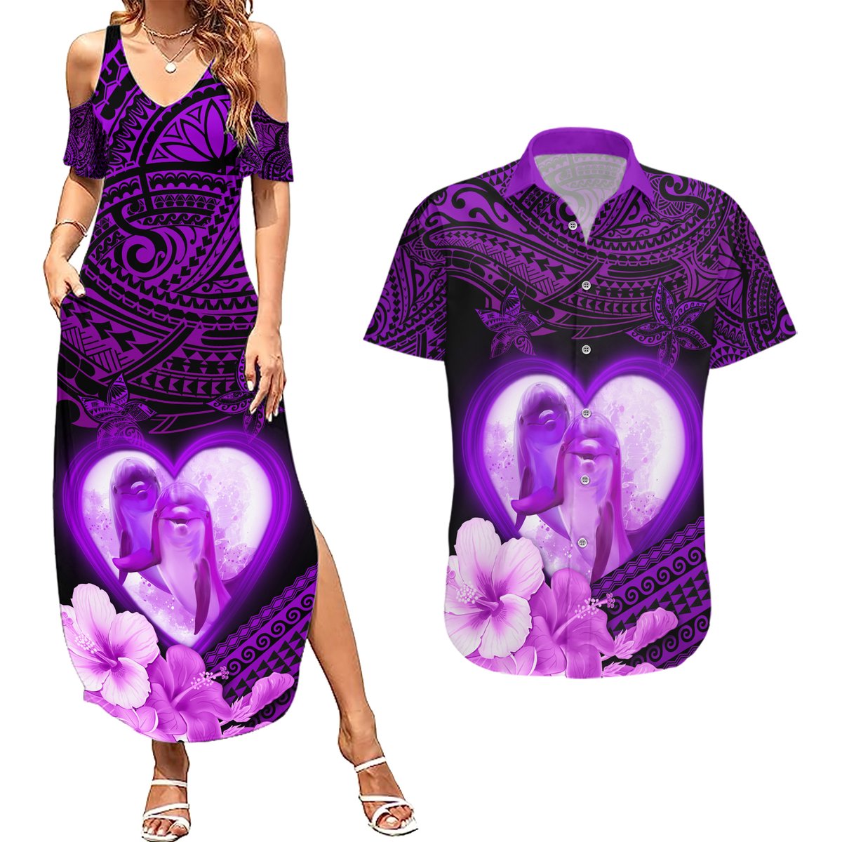 Dolphin Couple Love Story Valentine Day Couples Matching Summer Maxi Dress and Hawaiian Shirt With Polynesian Tribal Tattoo Purple Style LT03 Purple - Polynesian Pride