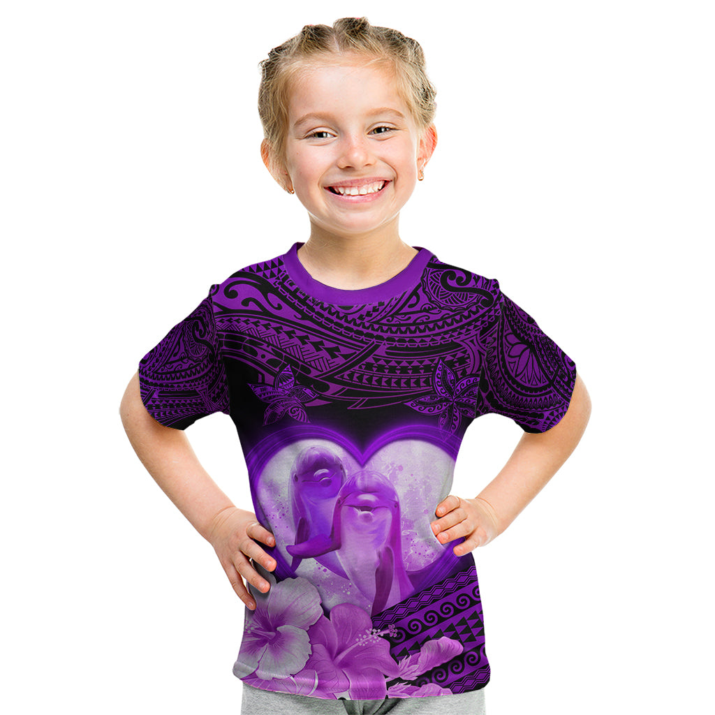 Dolphin Couple Love Story Valentine Day Kid T Shirt With Polynesian Tribal Tattoo Purple Style LT03 Purple - Polynesian Pride