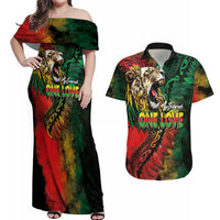 Aotearoa One Love Couples Matching Off Shoulder Maxi Dress and Hawaiian Shirt Reggae Lion with Kakahu Huruhuru