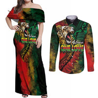 Aotearoa One Love Couples Matching Off Shoulder Maxi Dress and Long Sleeve Button Shirt Reggae Lion with Kakahu Huruhuru