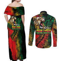 Aotearoa One Love Couples Matching Off Shoulder Maxi Dress and Long Sleeve Button Shirt Reggae Lion with Kakahu Huruhuru