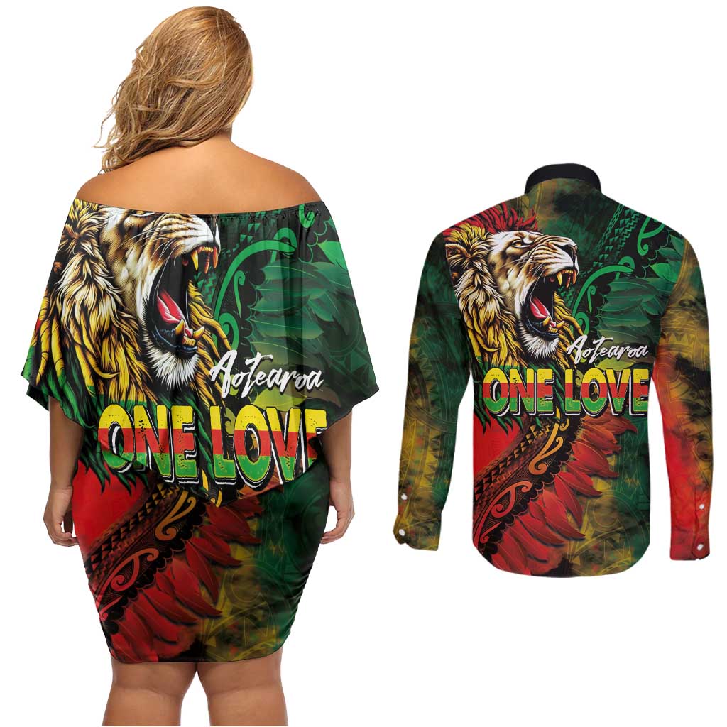 Aotearoa One Love Couples Matching Off Shoulder Short Dress and Long Sleeve Button Shirt Reggae Lion with Kakahu Huruhuru