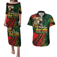 Aotearoa One Love Couples Matching Puletasi and Hawaiian Shirt Reggae Lion with Kakahu Huruhuru