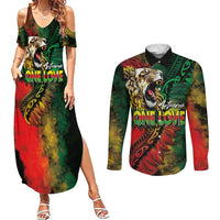 Aotearoa One Love Couples Matching Summer Maxi Dress and Long Sleeve Button Shirt Reggae Lion with Kakahu Huruhuru