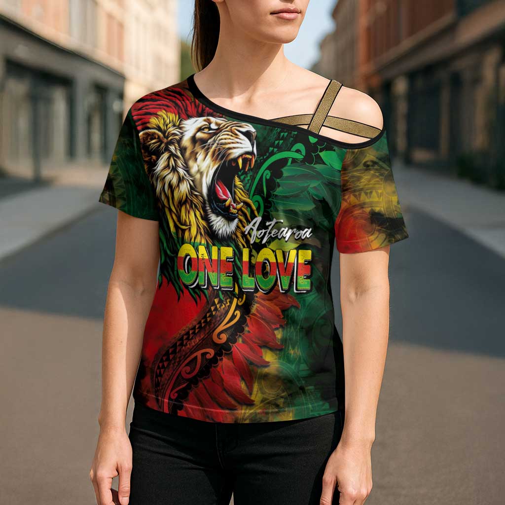 Aotearoa One Love Cross Shoulder Shirt Reggae Lion with Kakahu Huruhuru