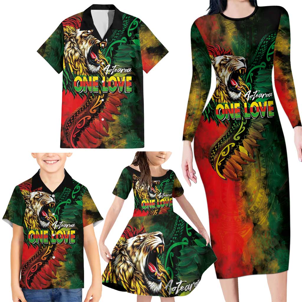 Aotearoa One Love Family Matching Long Sleeve Bodycon Dress and Hawaiian Shirt Reggae Lion with Kakahu Huruhuru LT03 - Polynesian Pride