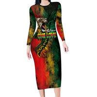 Aotearoa One Love Family Matching Long Sleeve Bodycon Dress and Hawaiian Shirt Reggae Lion with Kakahu Huruhuru LT03 Mom's Dress Black - Polynesian Pride
