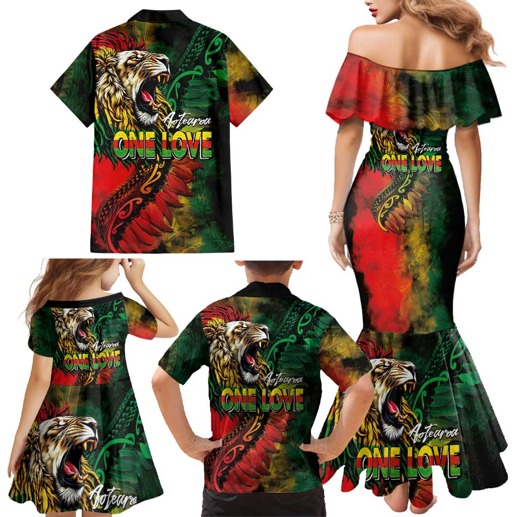 Aotearoa One Love Family Matching Mermaid Dress and Hawaiian Shirt Reggae Lion with Kakahu Huruhuru LT03 - Polynesian Pride