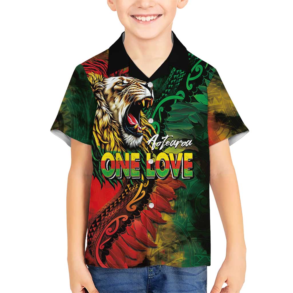 Aotearoa One Love Family Matching Off The Shoulder Long Sleeve Dress and Hawaiian Shirt Reggae Lion with Kakahu Huruhuru LT03 Son's Shirt Black - Polynesian Pride