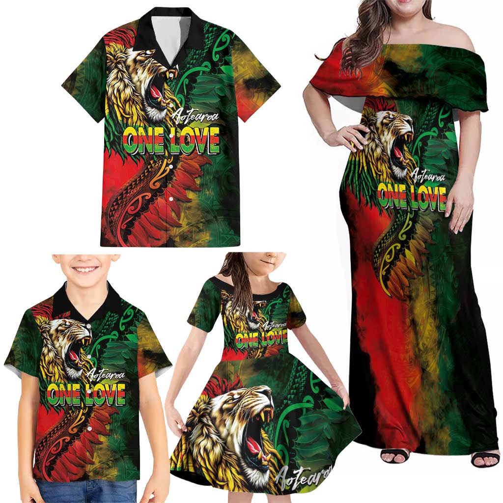 Aotearoa One Love Family Matching Off Shoulder Maxi Dress and Hawaiian Shirt Reggae Lion with Kakahu Huruhuru LT03 - Polynesian Pride