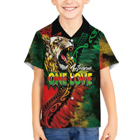 Aotearoa One Love Family Matching Off Shoulder Maxi Dress and Hawaiian Shirt Reggae Lion with Kakahu Huruhuru LT03 Son's Shirt Black - Polynesian Pride