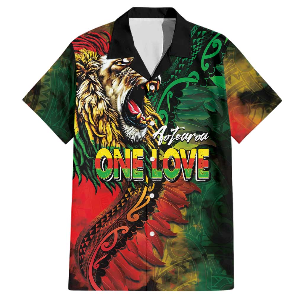 Aotearoa One Love Family Matching Off Shoulder Short Dress and Hawaiian Shirt Reggae Lion with Kakahu Huruhuru LT03 Dad's Shirt - Short Sleeve Black - Polynesian Pride