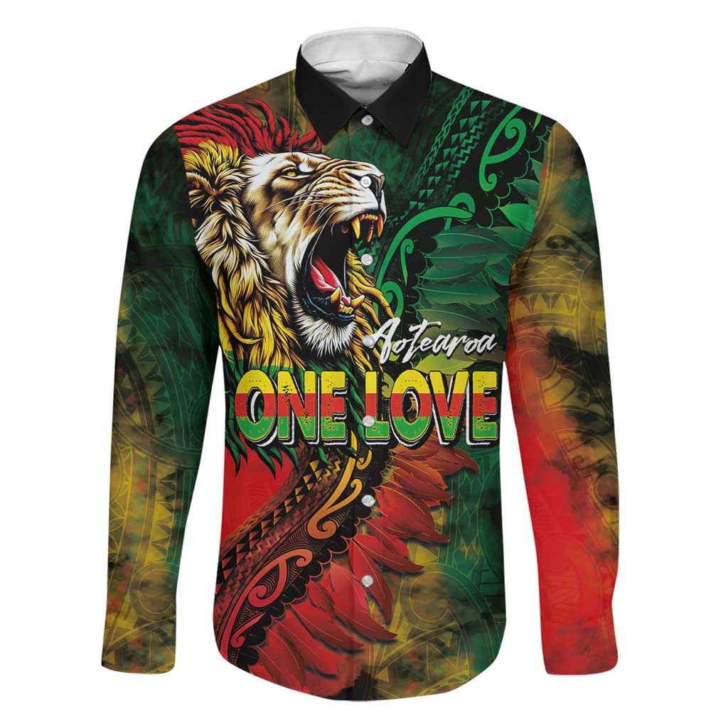 Aotearoa One Love Family Matching Short Sleeve Bodycon Dress and Hawaiian Shirt Reggae Lion with Kakahu Huruhuru LT03 Dad's Shirt - Long Sleeve Black - Polynesian Pride