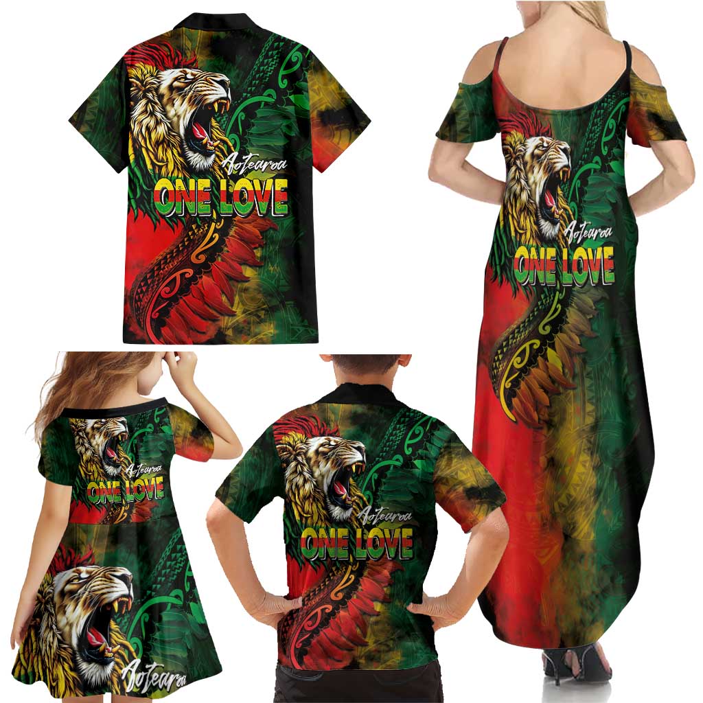 Aotearoa One Love Family Matching Summer Maxi Dress and Hawaiian Shirt Reggae Lion with Kakahu Huruhuru LT03 - Polynesian Pride