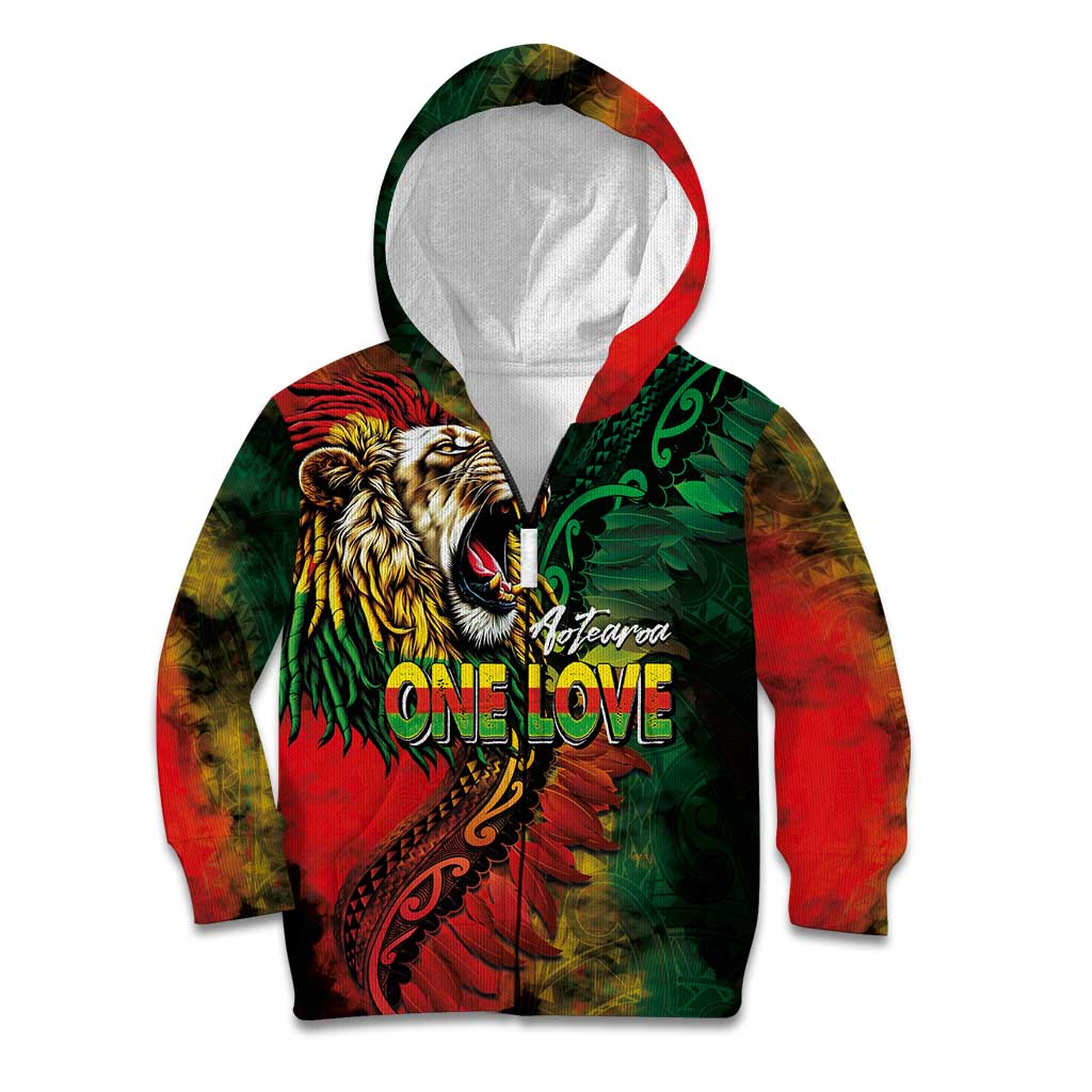 Aotearoa One Love Kid Hoodie Reggae Lion with Kakahu Huruhuru