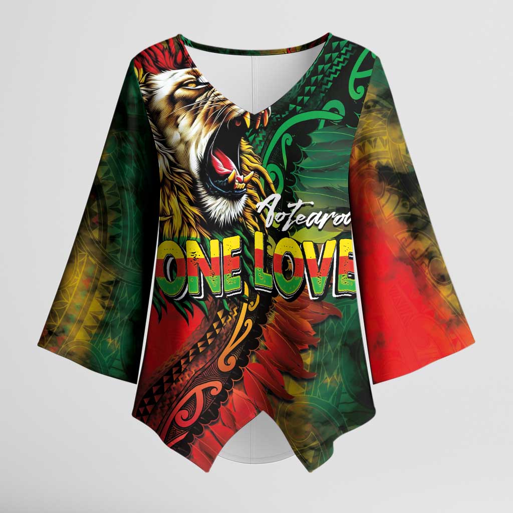 Aotearoa One Love Kimono Sleeve Blouse Reggae Lion with Kakahu Huruhuru