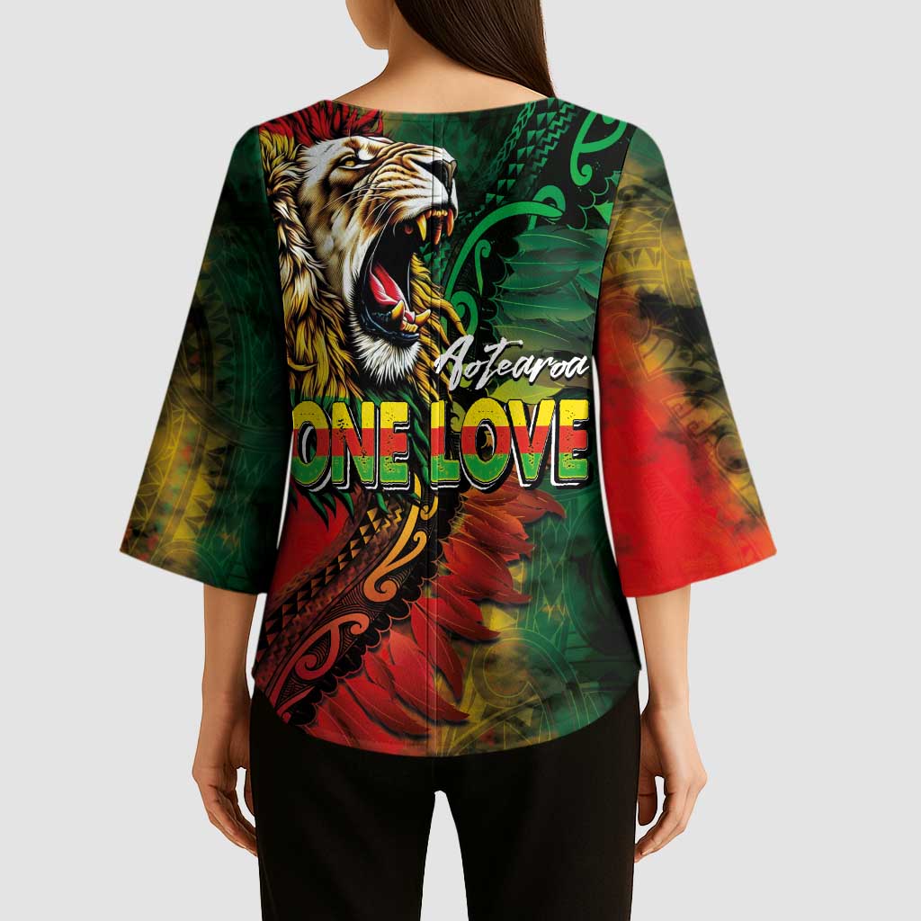 Aotearoa One Love Kimono Sleeve Blouse Reggae Lion with Kakahu Huruhuru