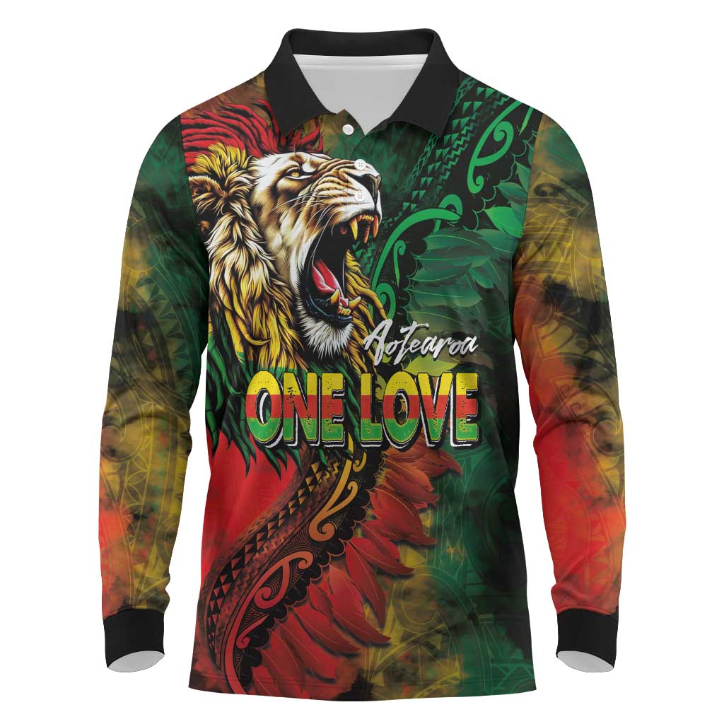 Aotearoa One Love Long Sleeve Polo Shirt Reggae Lion with Kakahu Huruhuru