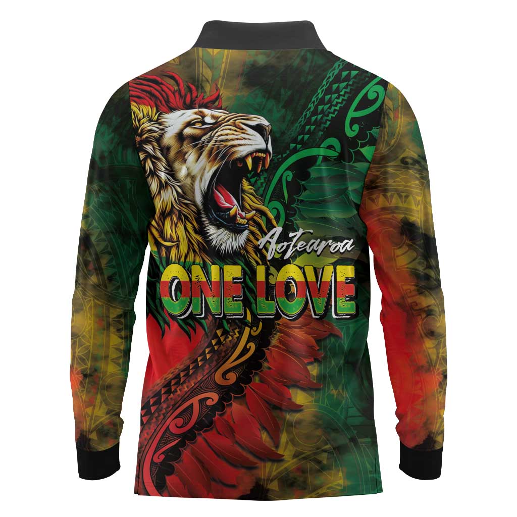 Aotearoa One Love Long Sleeve Polo Shirt Reggae Lion with Kakahu Huruhuru