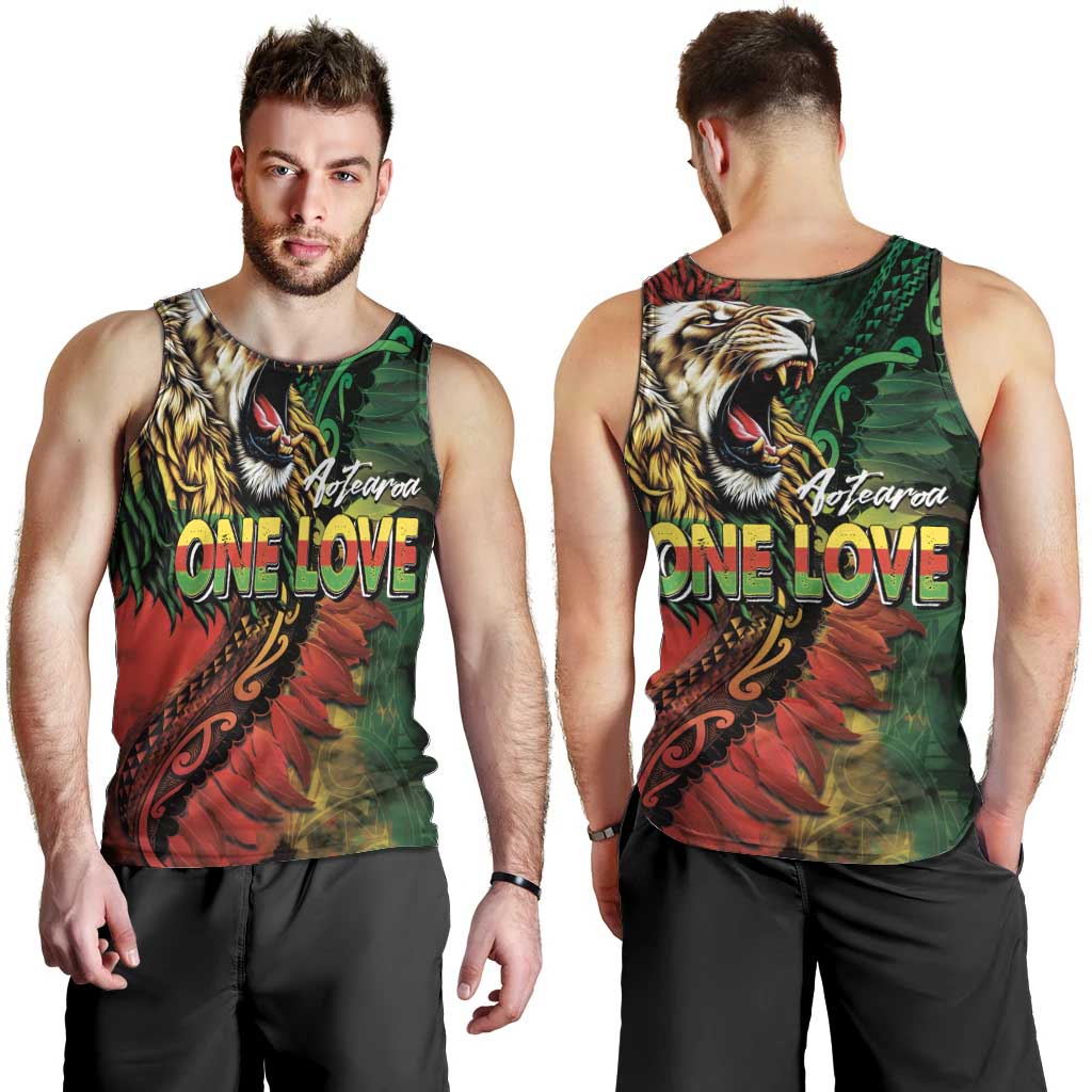 Aotearoa One Love Men Tank Top Reggae Lion with Kakahu Huruhuru