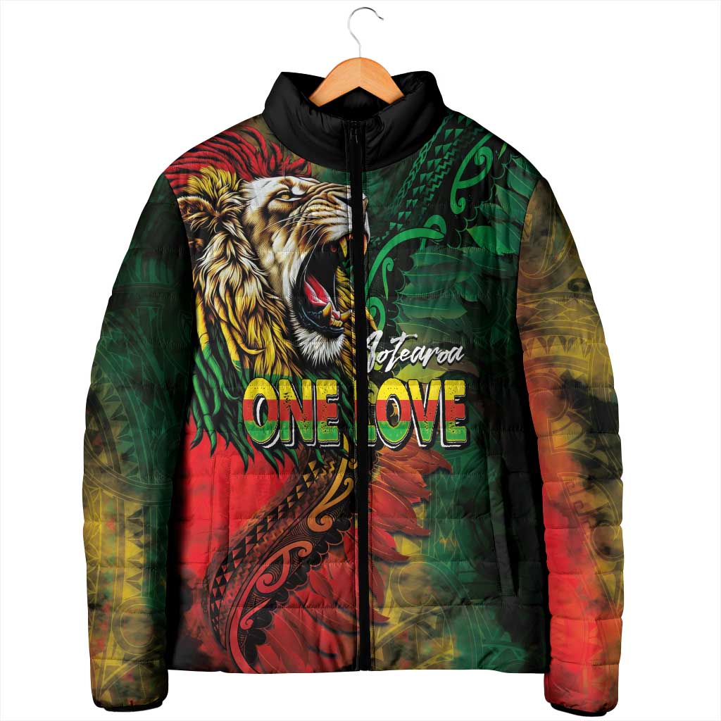 Aotearoa One Love Padded Jacket Reggae Lion with Kakahu Huruhuru