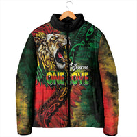 Aotearoa One Love Padded Jacket Reggae Lion with Kakahu Huruhuru