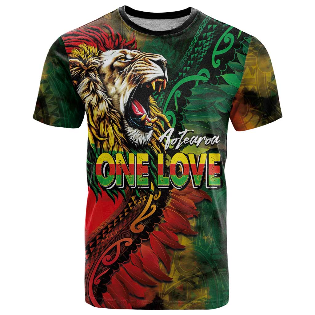 Aotearoa One Love T Shirt Reggae Lion with Kakahu Huruhuru